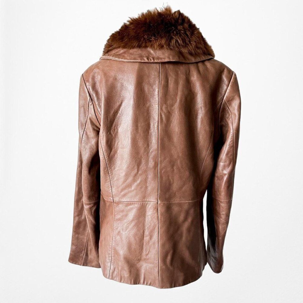 Vintage Y2K Brown Rabbit Fur Genuine Leather Moto Jacket Coat Size L - Picture 5 of 8